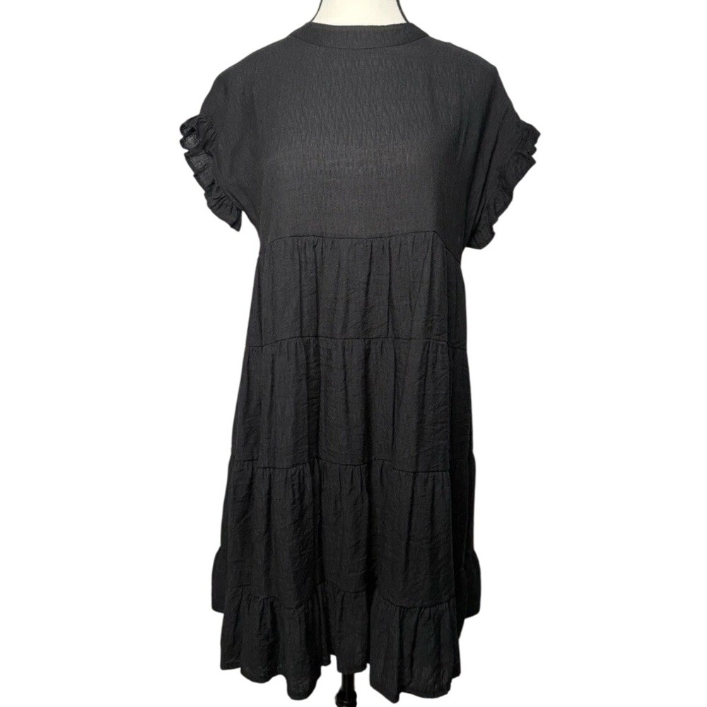 Miholl Black Ruffle Sleeve Dress Weekender Travel Lightweight Boho SMALL
